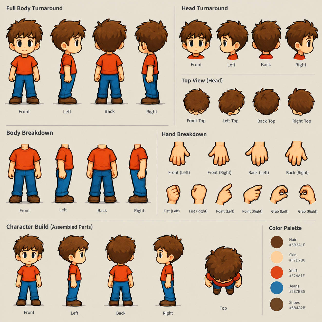 Romeo's character sheet: turnarounds, hands and colour palette